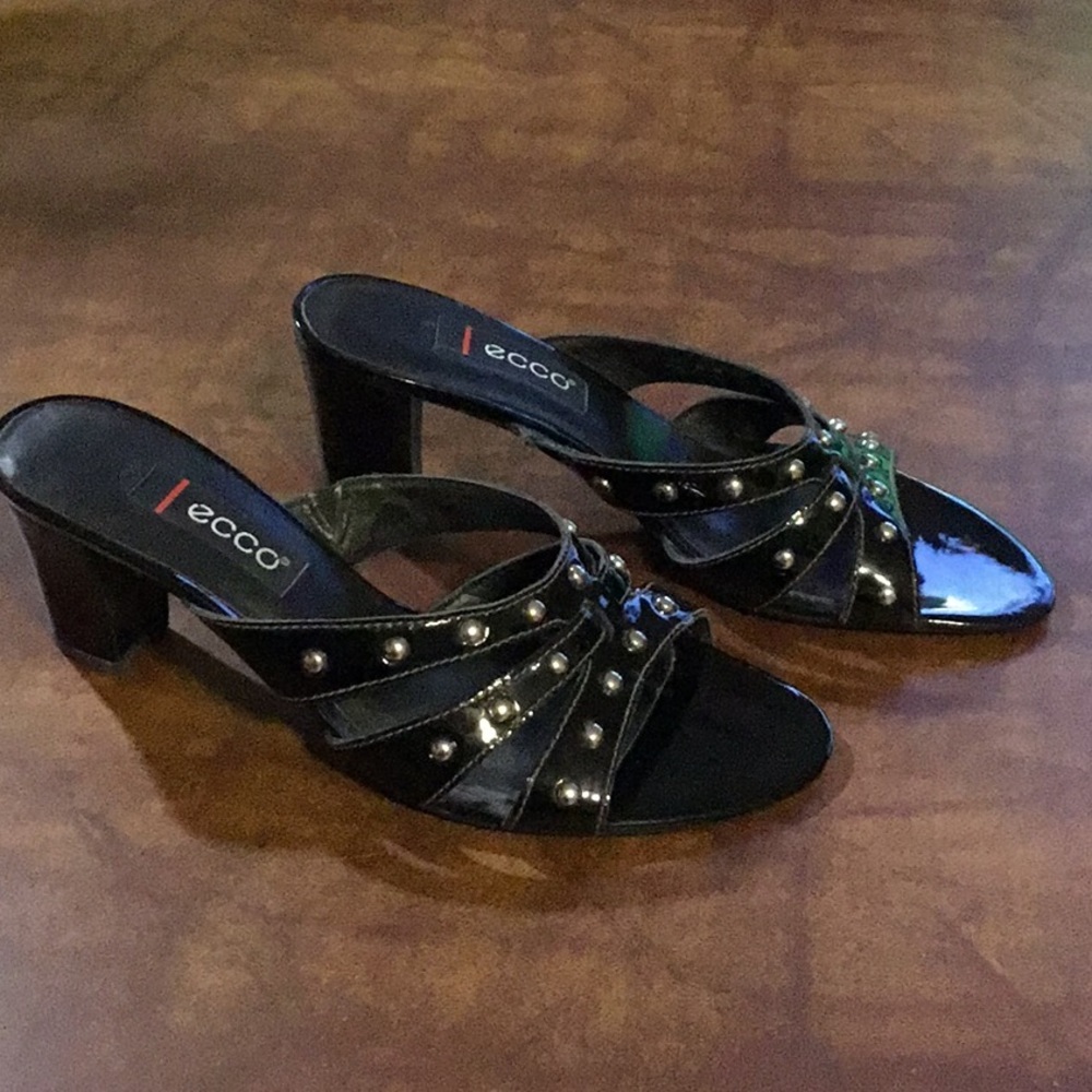 ECCO Black Patent‎ Leather Silver Stud Mules Edgy Grunge Y2K Size 37 - Picture 7 of 16